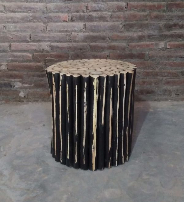 Teak branches round stool - black washed